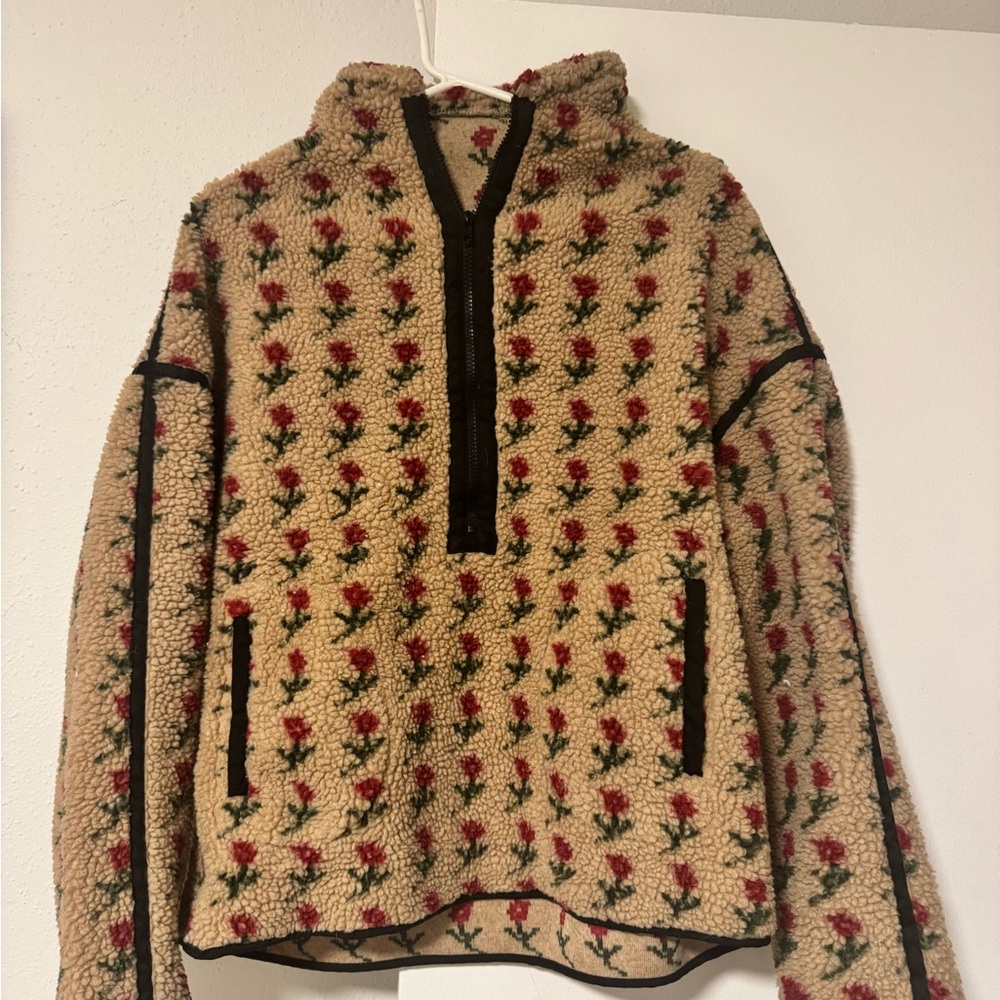 Vici Cream and Red Floral Fleece Jacket